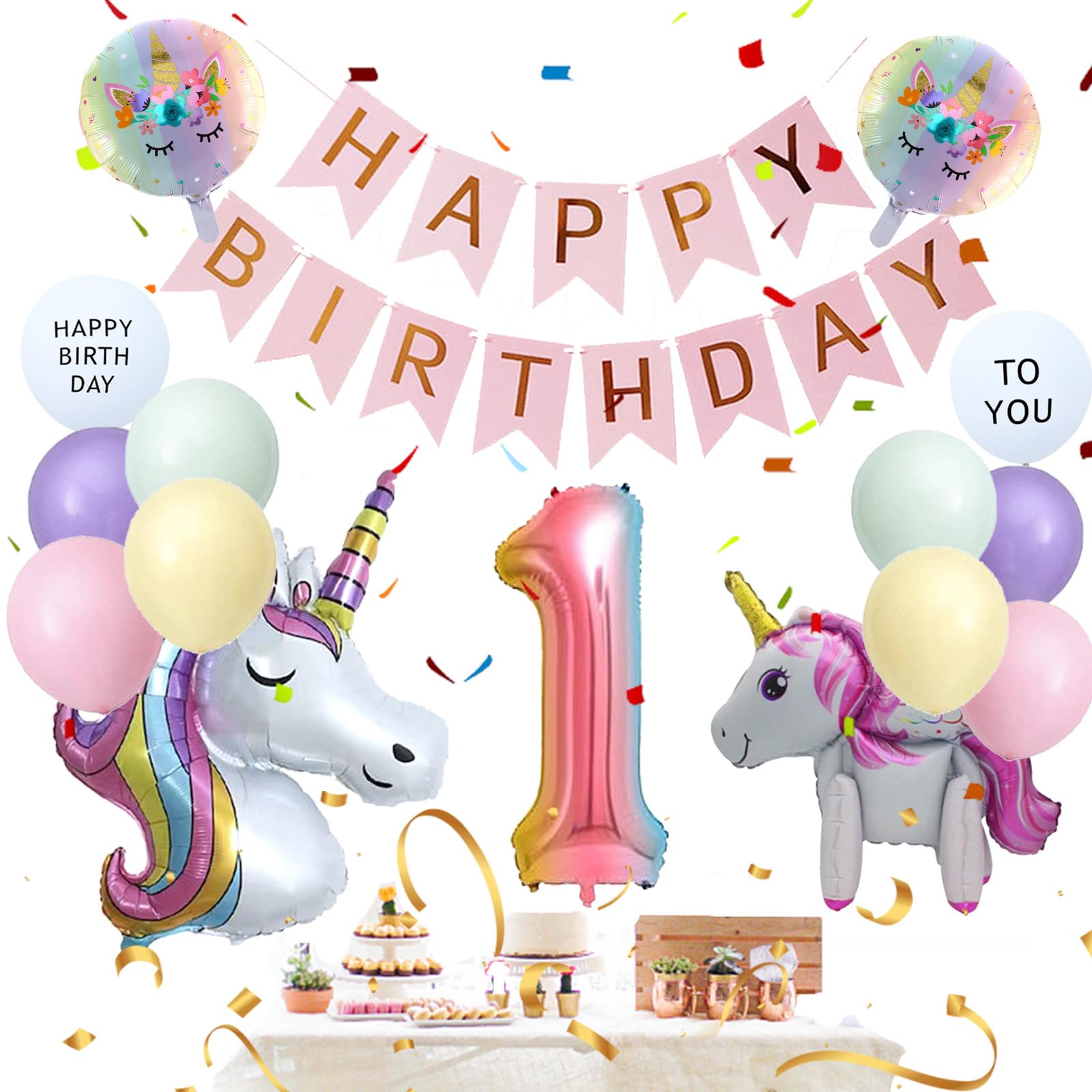 Amazon | 女の子 1歳 誕生日 バルーン ユニコーン風船 飾り付け セット